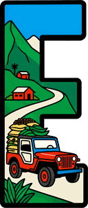 Letra E ilustrada con un Jeep Willys cargado de café