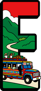 Letra E ilustrada con una chiva entre montañas